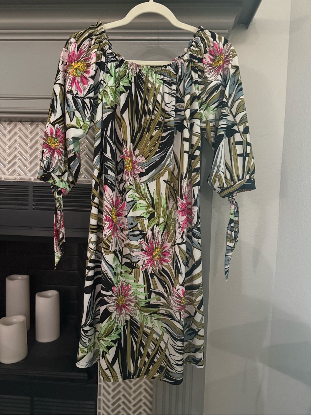 Off-Shoulder Floral Tie-Sleeve Dress in Pink and Green